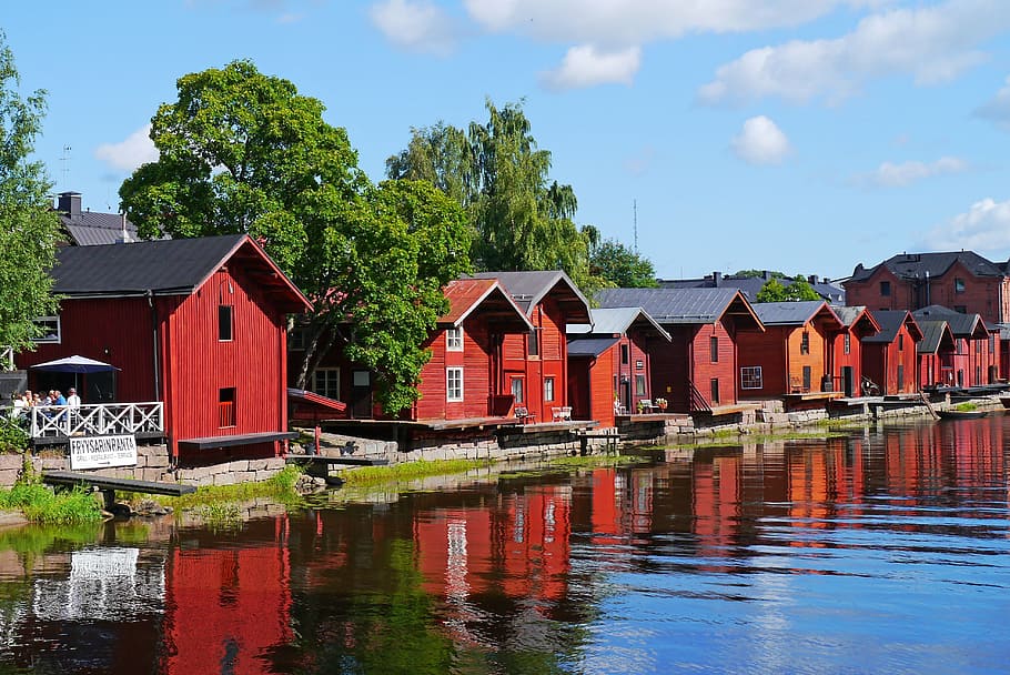 red, black, wooden, houses, water, wooden houses, old town, river, finnish, porvoo