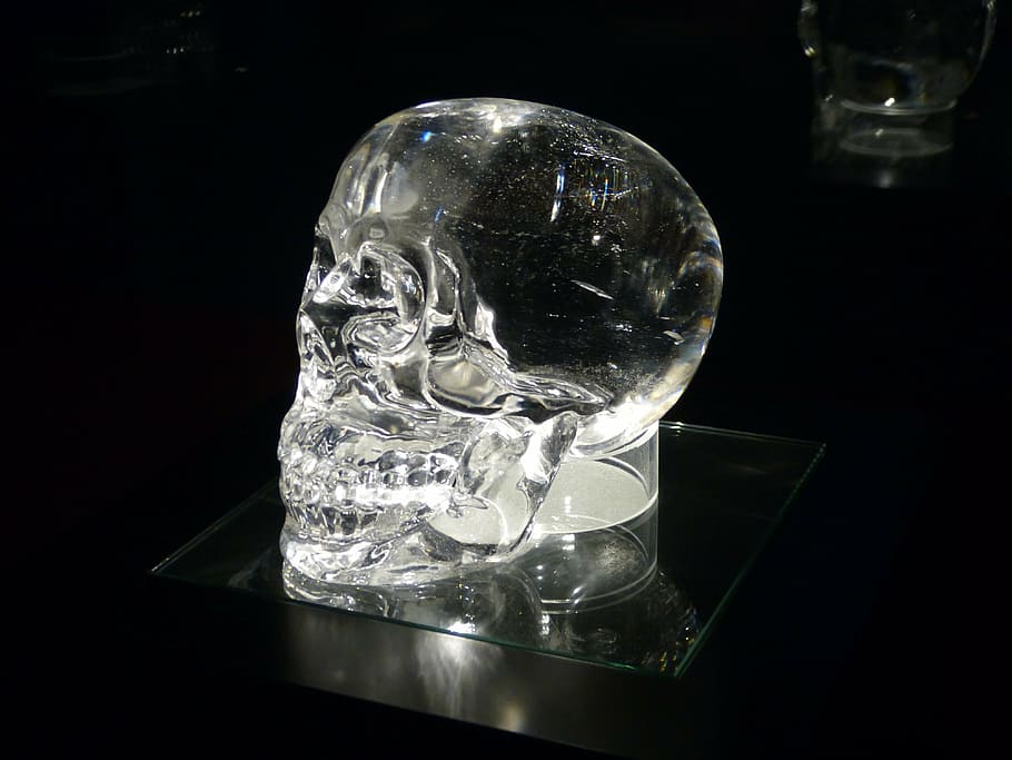 crystal skull, exhibition, skull, transparent, black background, glass - material, studio shot, indoors, reflection, crystal