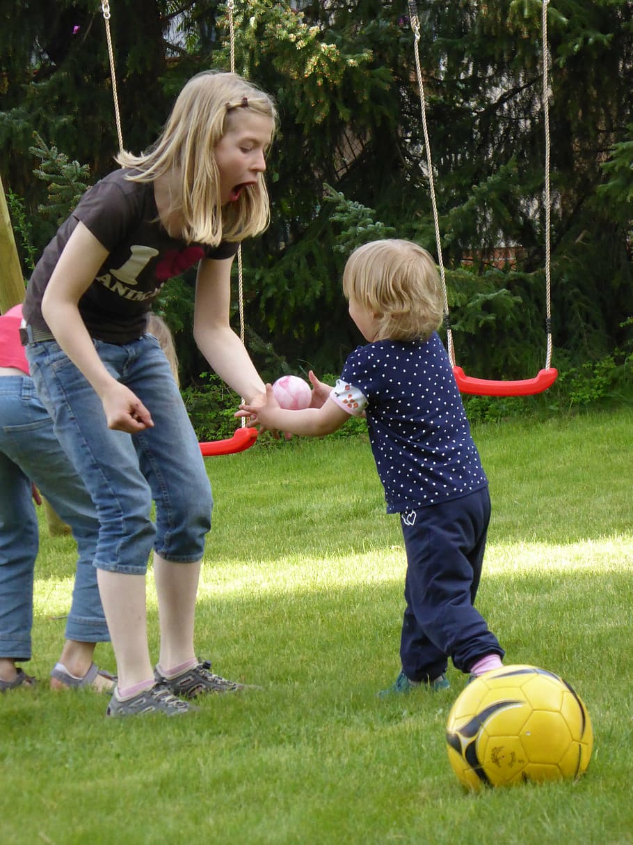 girl, holding, pink, white, ball, children, mama, mother, child, play