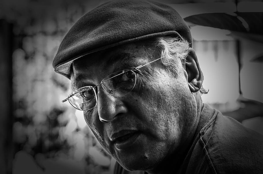 grayscale photography, man, beret, eyeglasses, male, black and white, older, senior, maracaibo, venezuela