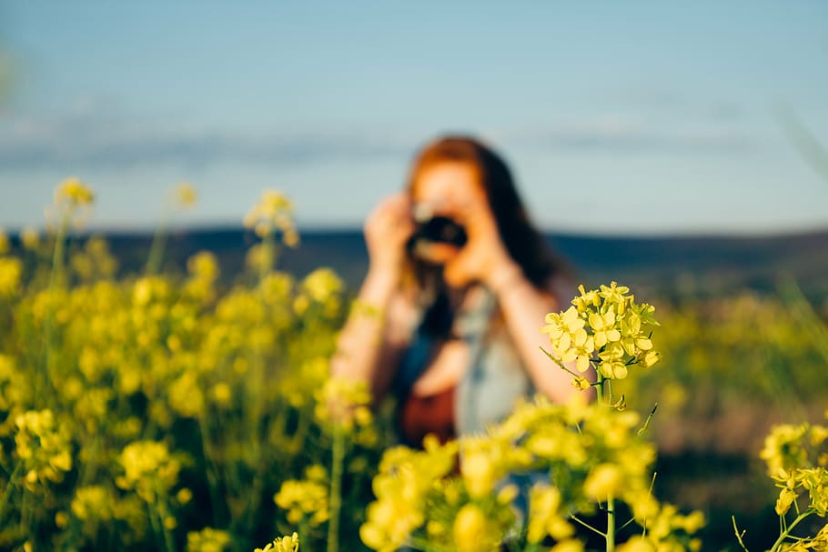 woman, taking, yellow, rapeseed flower field, across, body, water, daytime, person, flower