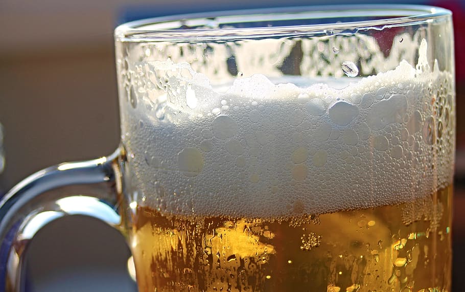 clear, glass beer mug, filled, beer close-up photo, beer, beer tankard, beer glass, barley juice, drink, abut