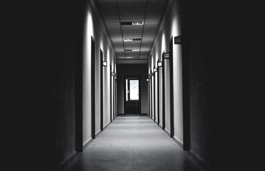photo of hallway, architecture, building, infrastructure, black, white, black and white, hallway, lights, corridor