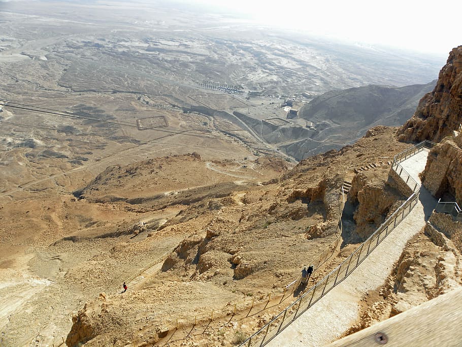 aerial, view, mountains, fence, daytime, masada, desert, israel, stone, travel