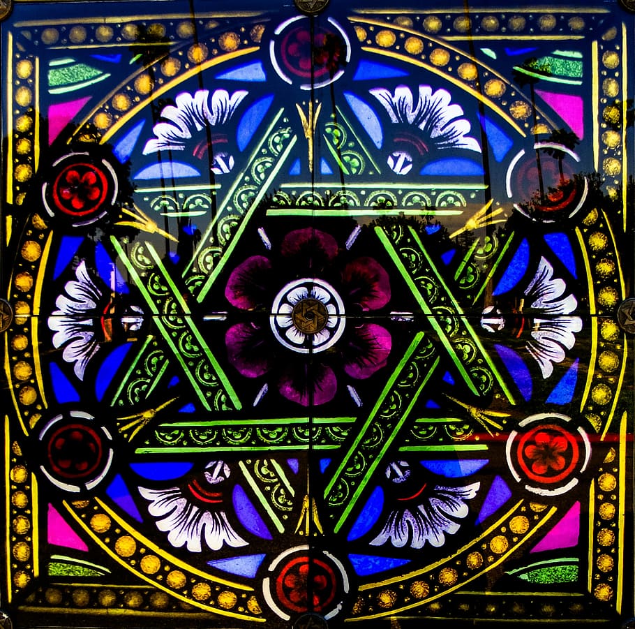 multicolored, floral, star illustration, vitrage, stained glass, church window, star, artfully, old window, architecture
