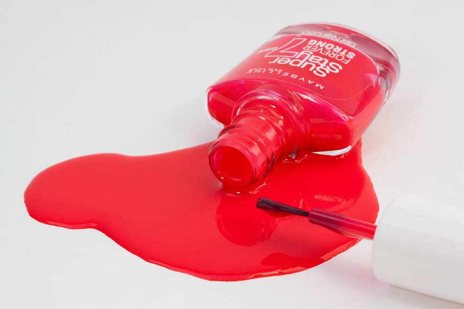 spilled, red, nail, polish, nail varnish, paint, fell down, phased out, overturned, brush