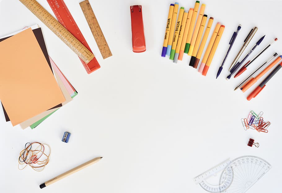 coloring materials lot, desk, stationery, pens, rulers, sharpener, pencils, ball-pens, felt tips, rubber bands