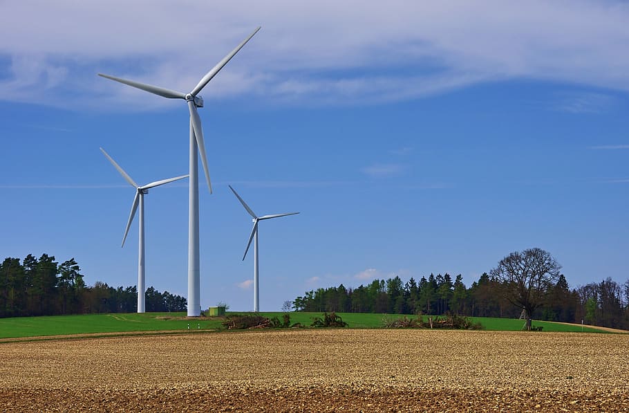 three, white, wind turbines, windmill, turbine, electricity, mill, energy, wind, wind turbine