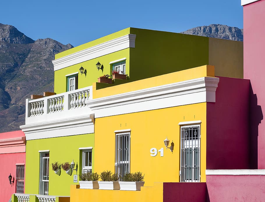 amarelo, verde, vermelho, paredes de pintura, casas bo-kaap, bokaap, cidade do cabo, wale street, arquitetura, construção