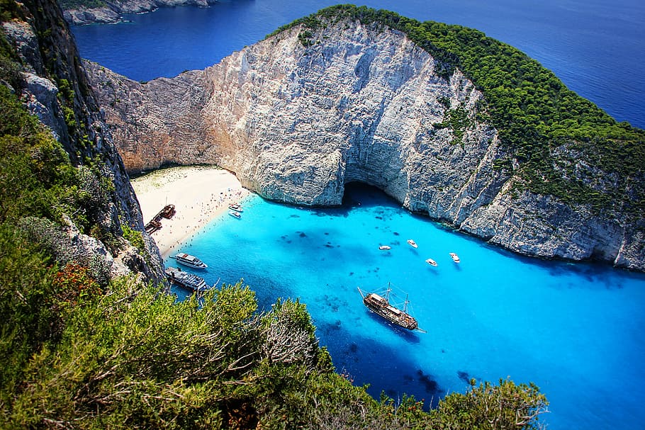 high-angle photography, island, zakynthos, greece, shipwreck, ship, sea, holiday, rock, outlook