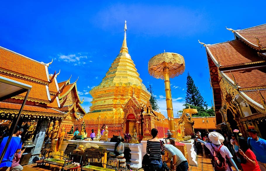 people, standing, around, temple, Measure, Pagoda, Buddhism, Thailand, sakon nakhon, art