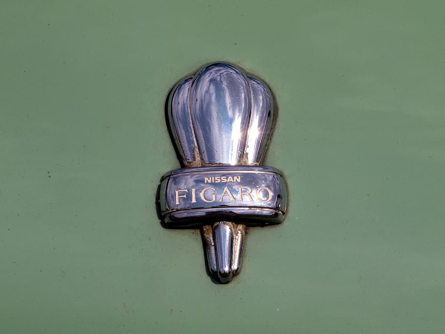 Nissan, Figaro, ornamento, logotipo, antiguo, diseño, etiqueta, símbolo, metal, primer plano