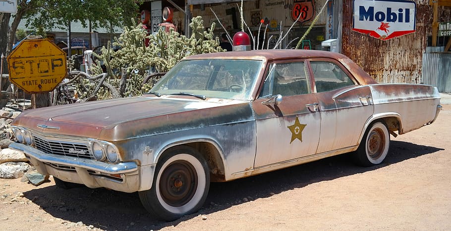 Police, Car, Old, Dust, Route 66, police, car, rusty, usa, mobile, police car