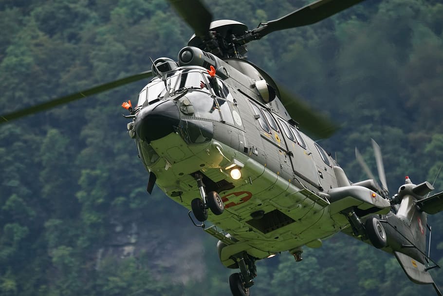 green, helicopter, flying, daytime, aircraft, hubchrauber, super puma, cougar, transport helicopter, farewell