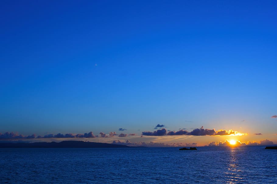 Matahari Terbenam, Oranye, Awan, Laut, Laut Biru, antomasako, biru, pulau ishigaki, okinawa, Jepang