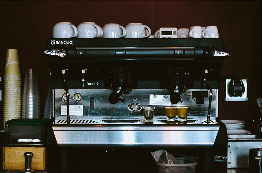 gris, negro, máquina de café espresso, blanco, cerámica, tazas, café espresso, máquina, café, cafetería
