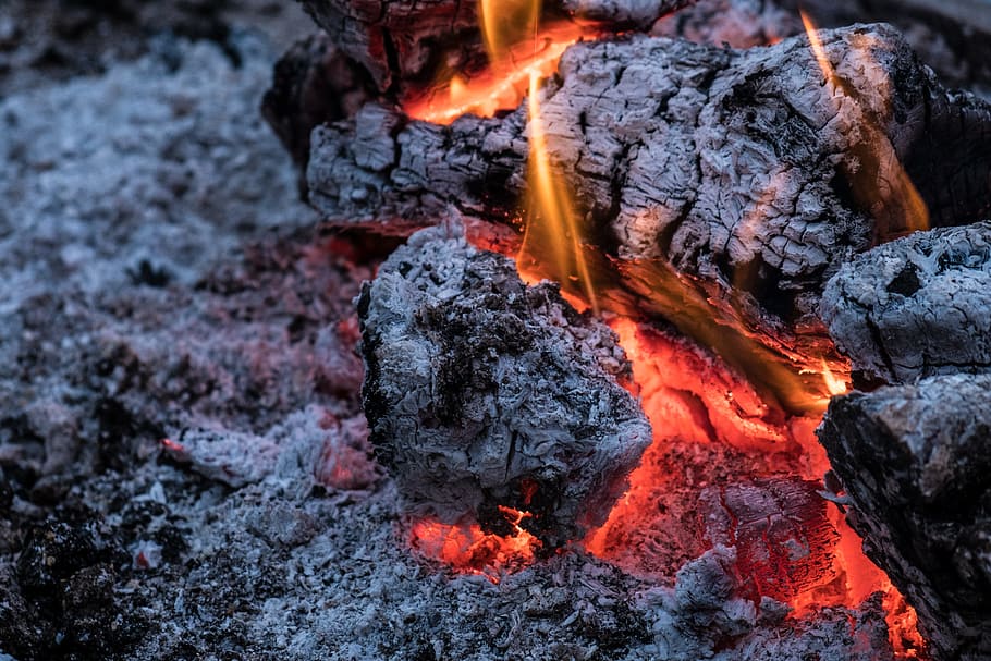 Fuego, barbacoa, carbón, comida, espeto, moraga, llama, calor, al rojo vivo, calor - temperatura