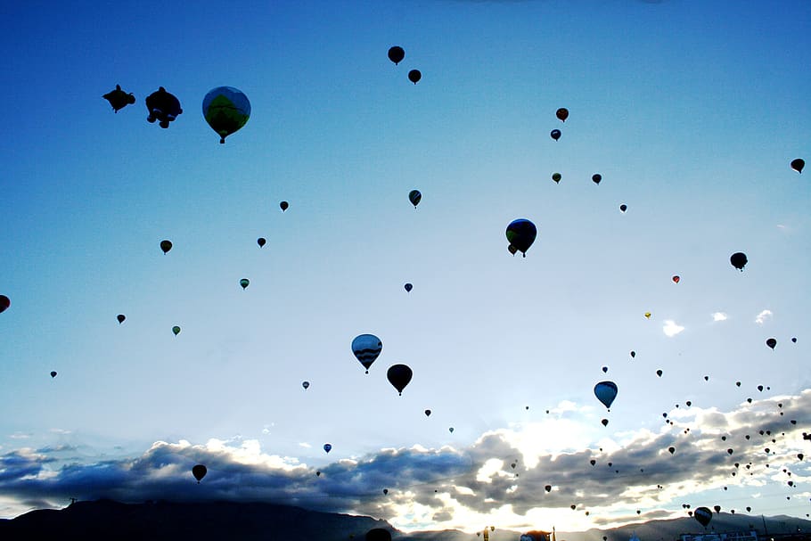 preto, branco, quente, balão de ar, balões, balões de ar quente, festa do balão, voando, céu, nuvens