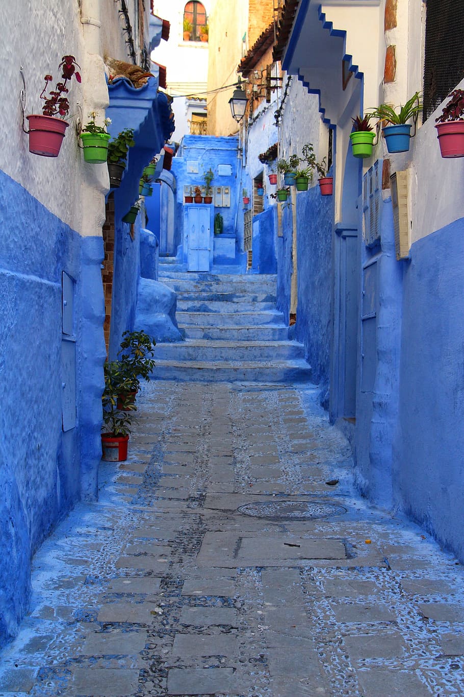 plantas, macetas, pared, ciudad, ciudad azul, casco antiguo, Marruecos, chefchaune, piedra, casas marroquíes