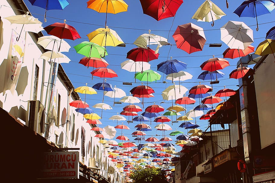 Umbrella, Celebration, Festival, Turkish, colorful, sky, multi colored, day, outdoors, architecture