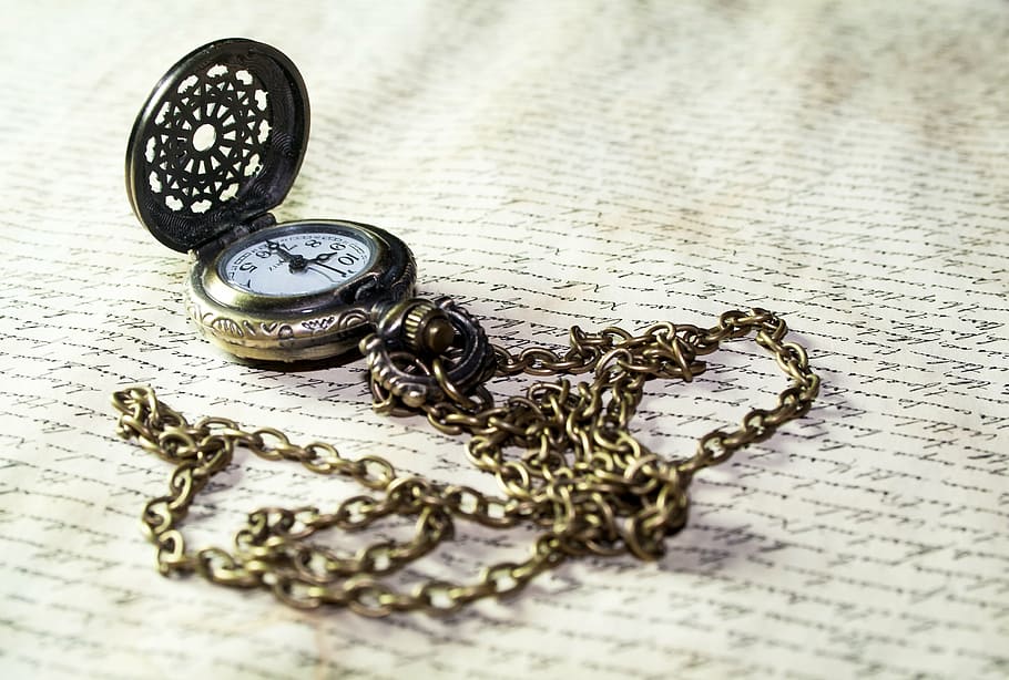 brass pocket watch, clock, time, pocket watch, old, antique, font, letters, gold, chain