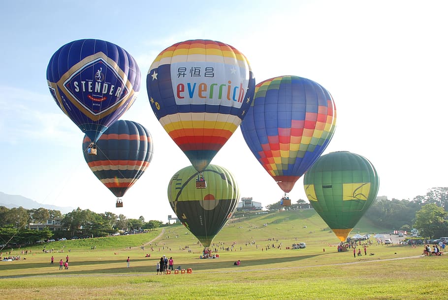 six, assorted-color, hot, air balloons, mid, Taiwan, China, Travel, Traffic, Transport