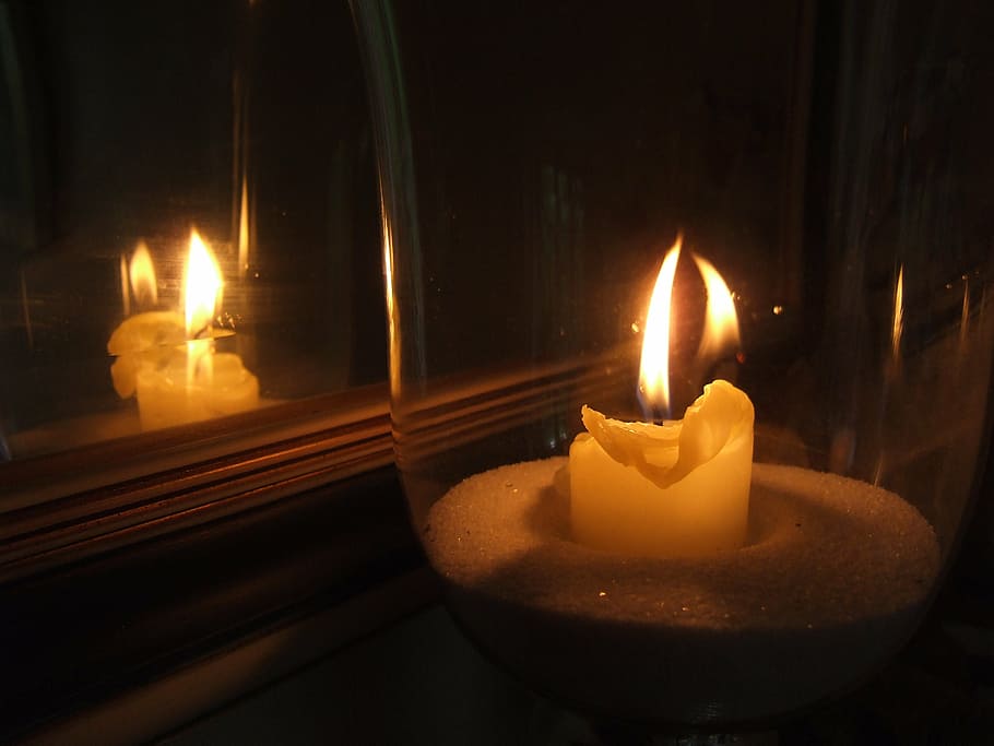 candle, reflection, mirror, evening, night, burning, flame, fire, heat - temperature, illuminated