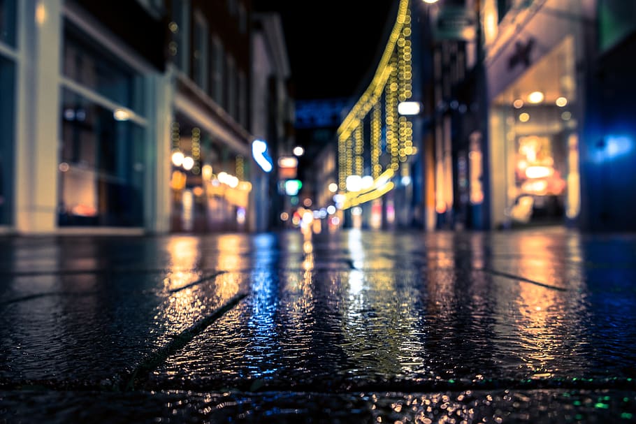 street, reflection, bokeh, city, rain, paving, night, light, water, building