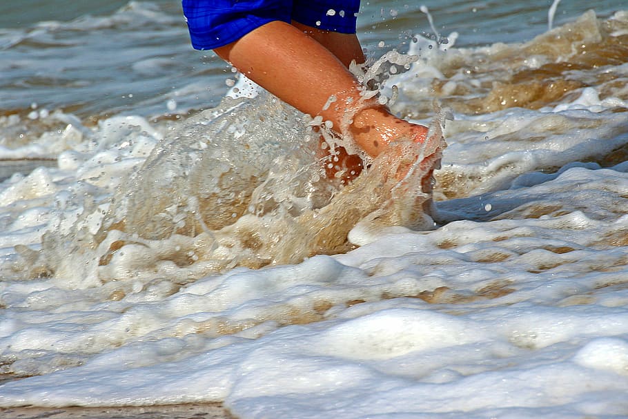 person, blue, bottoms, walking, beach, feet, legs, sand, water, wave