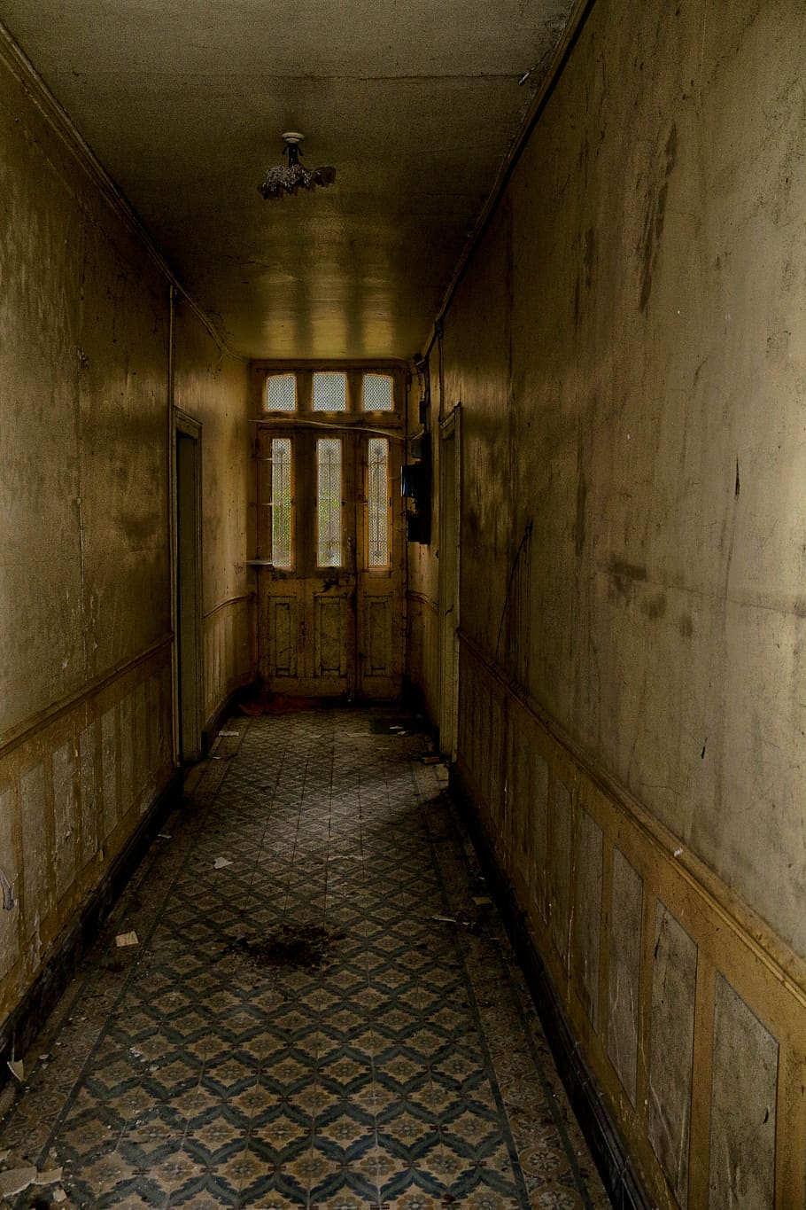 urbex, corredor, puerta, antiguo, miedo, casa, abandonado, oscuro, paredes, entrada