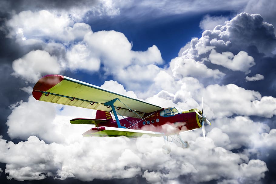 red, white, plane, flying, sky, daytime, Aircraft, Fly, Clouds, Antonov