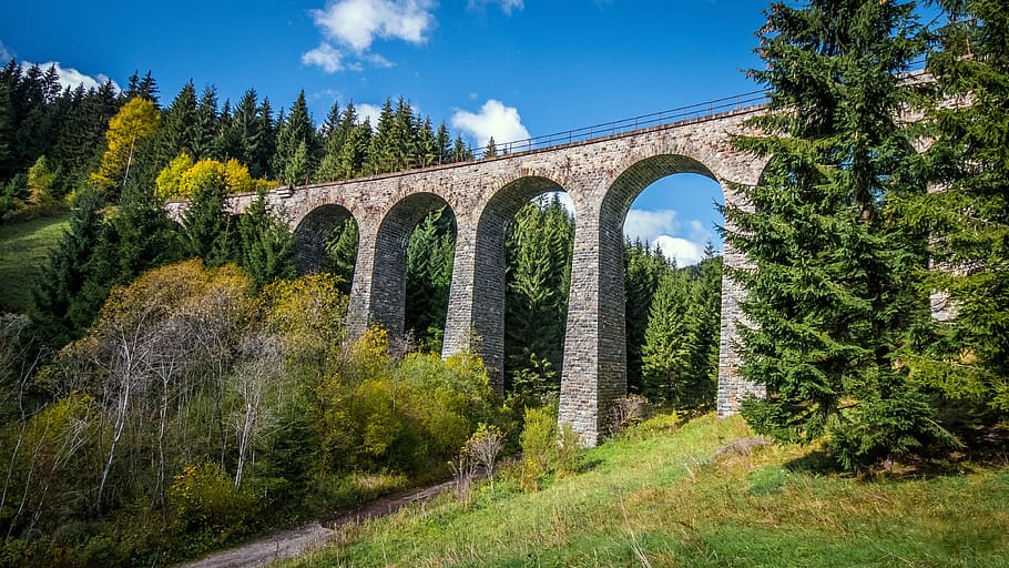 nature, bridge, slovakia, railway bridge, railway, country, trees, meadow, the viaduct, arch