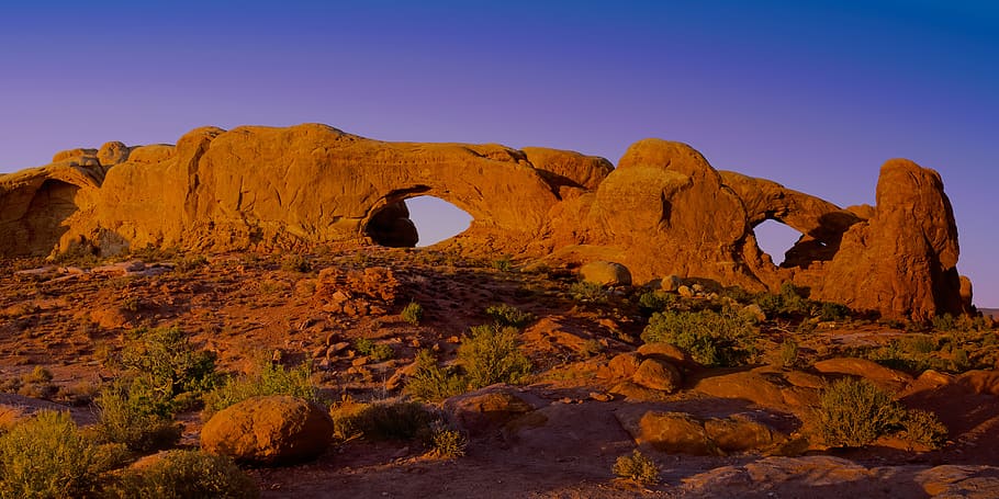 arches national park, north window arch, south windows arch, arch, utah, desert, landscape, nature, rocks, panorama