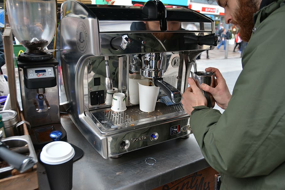 person, using, espresso maker, coffee, coffee shop, cafe, shop, business, caucasian, drink