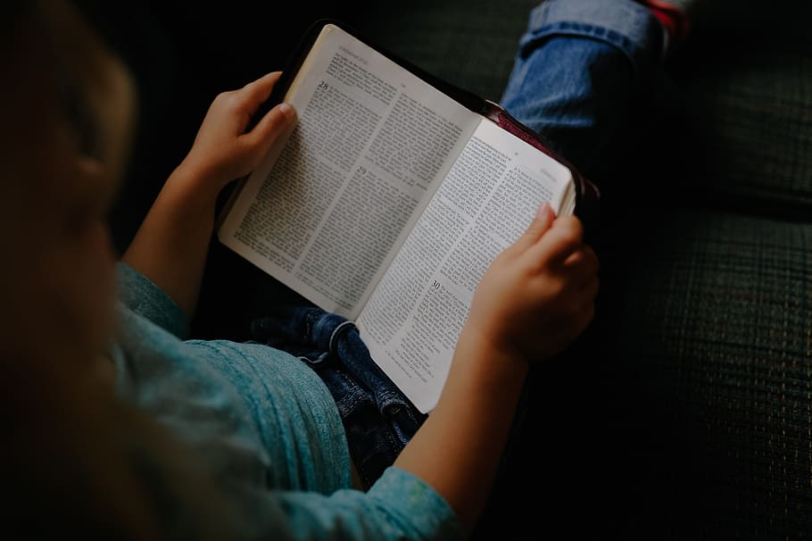 kid, girl, child, reading, book, bible, words, holding, activity, one person