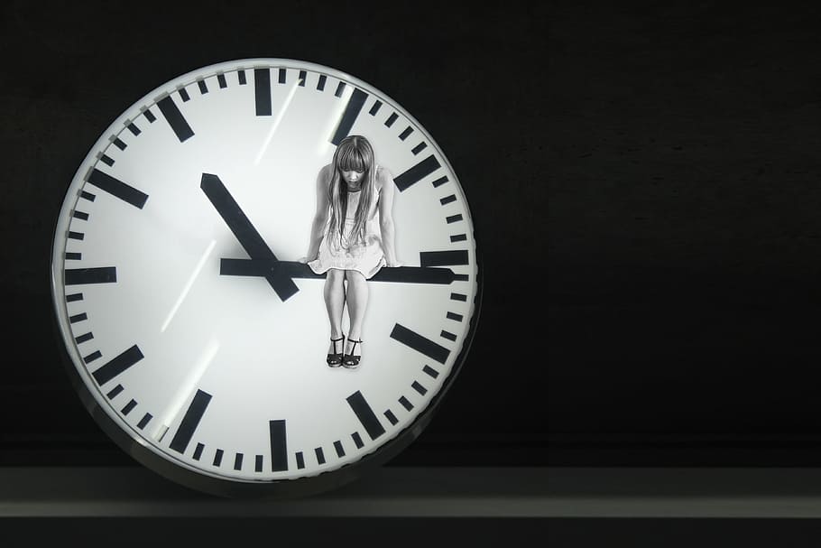 woman, sitting, clock arm illustration, clock, photography, hands, time, sad, depressed, looking down