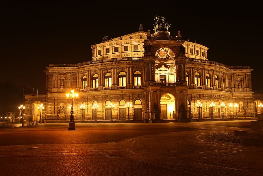 sempre casa de ópera, dresden, ópera, casa de ópera, à noite, radeberger, noite, cidade, luzes da cidade, luzes