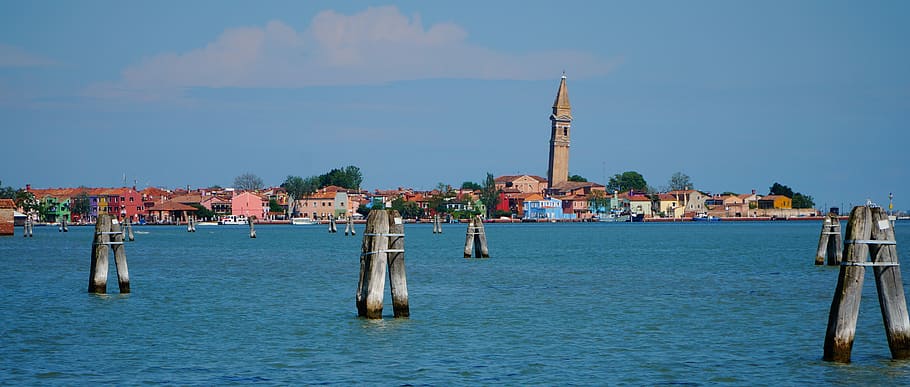 venice, murano, tower, leaning, water, sky, blue, old, vacations, island