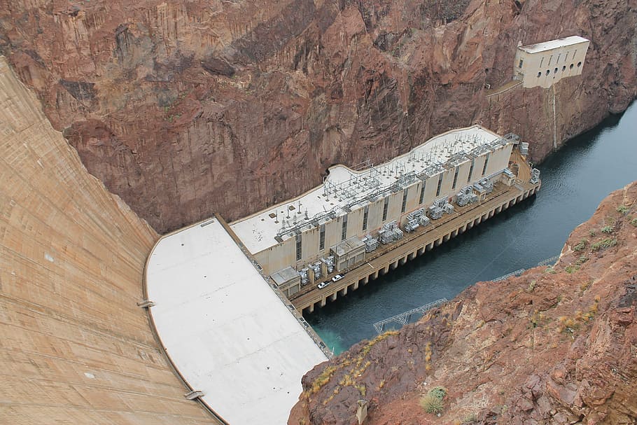aéreo, fotografia, pairar, barragem, Barragem Hoover, Nevada, Hoover, poder, hidroelétrico, rio