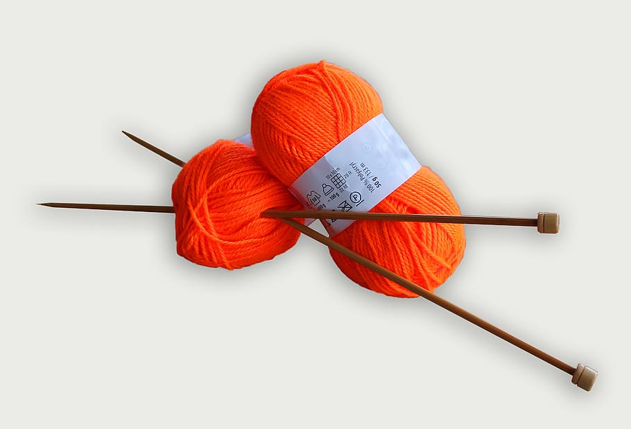 brown, hook, orange, yarn, knitting, knitting needles, hobby, handwork, studio shot, white background