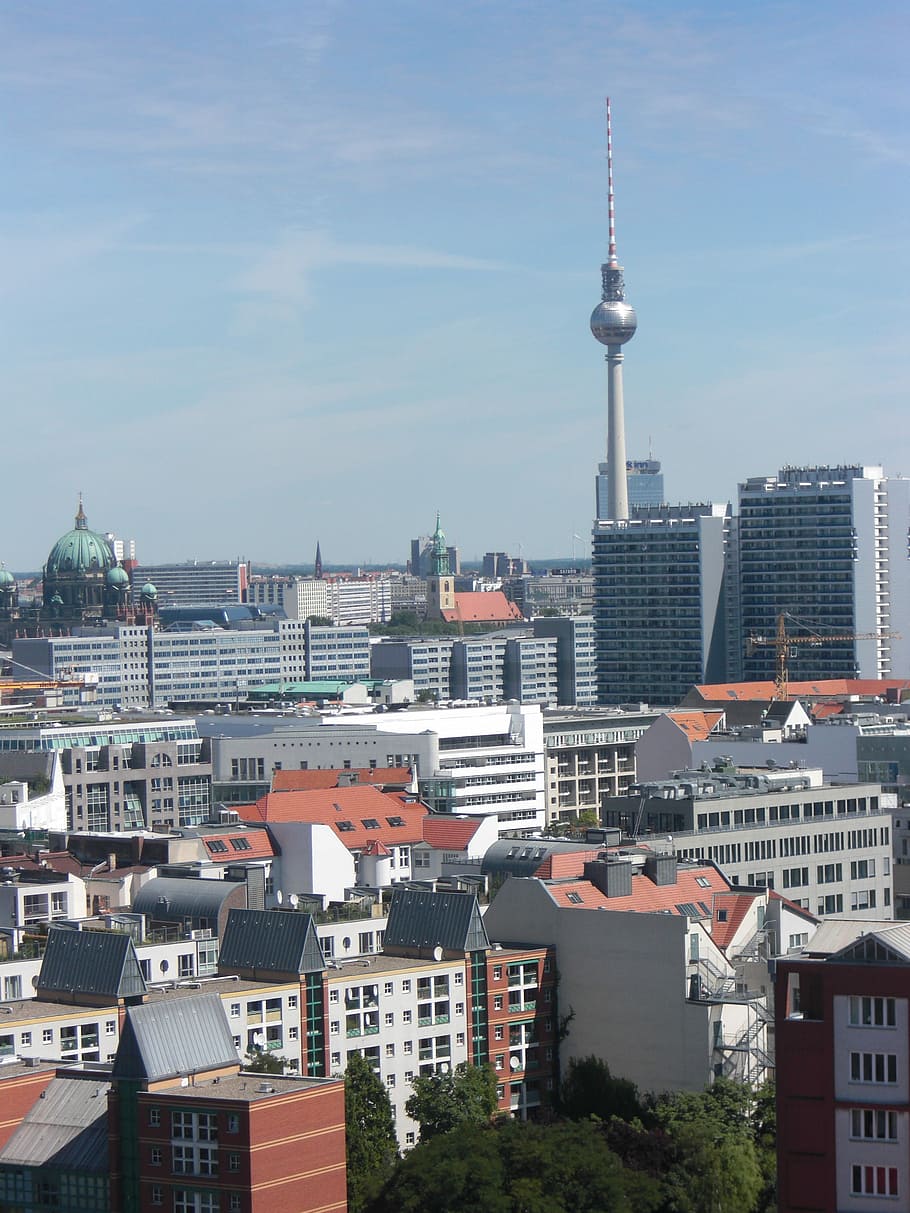 Berlin, Tv Tower, Germany, Cityscape, berlin, tv tower, skyline, fernsehturm, alexanderplatz, sky, blue