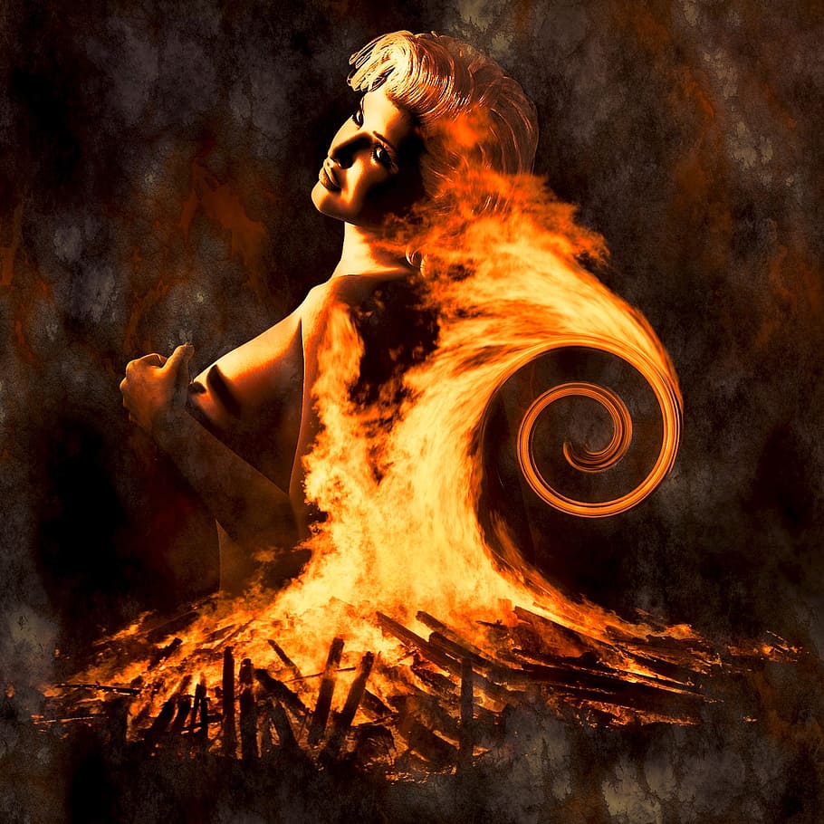 woman, fire painting, cd cover, fire, composing, fantasy, photo montage, magic, girl, human