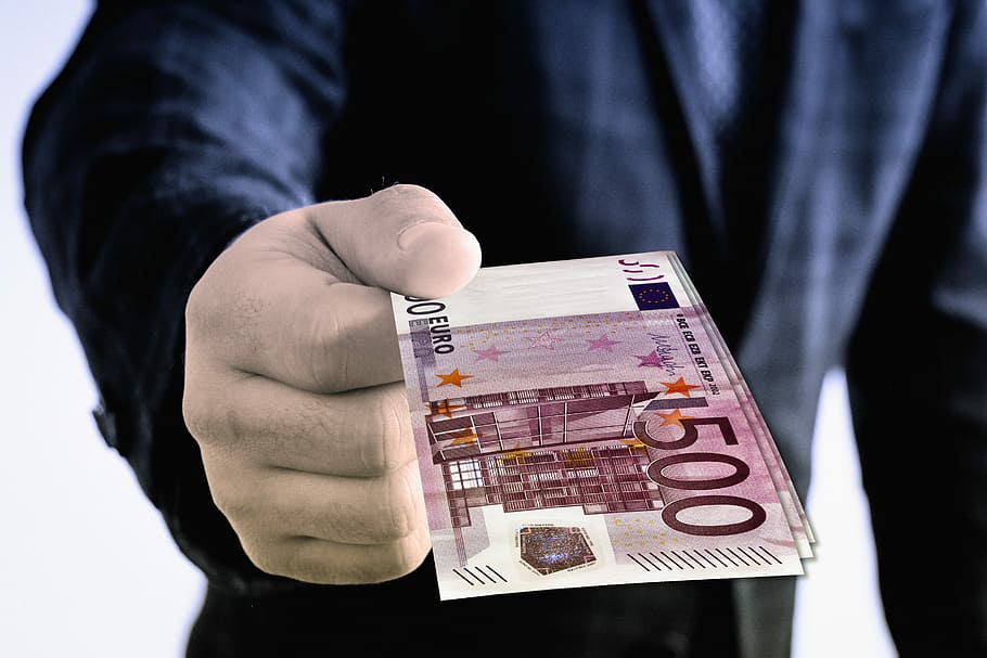Persona, tenencia, billete de 500 euros, euro, regalo, mano, mantener, dar, presente, presentación