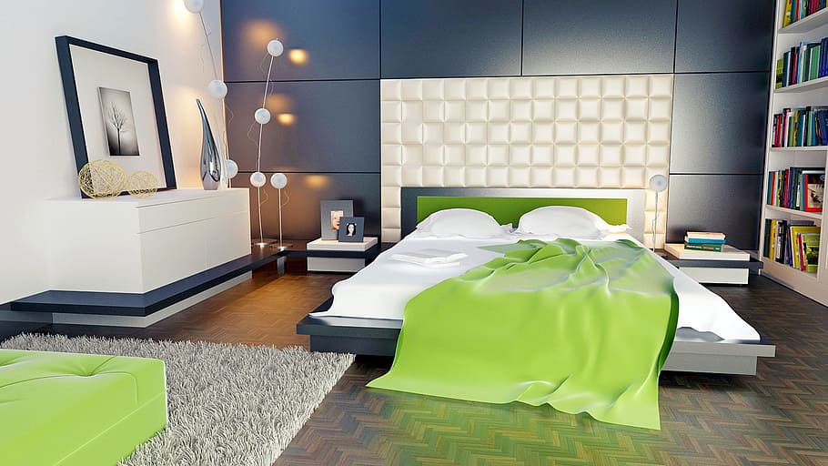 green, comforter, white, bed, wall panel, room, bedroom, apartment, furniture, domestic room
