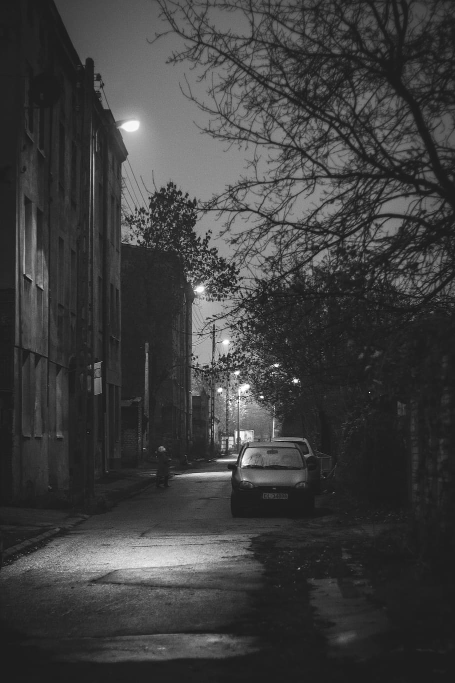 grayscale photography, car, parked, street, bw, bandw, city, vintage, night, lodz
