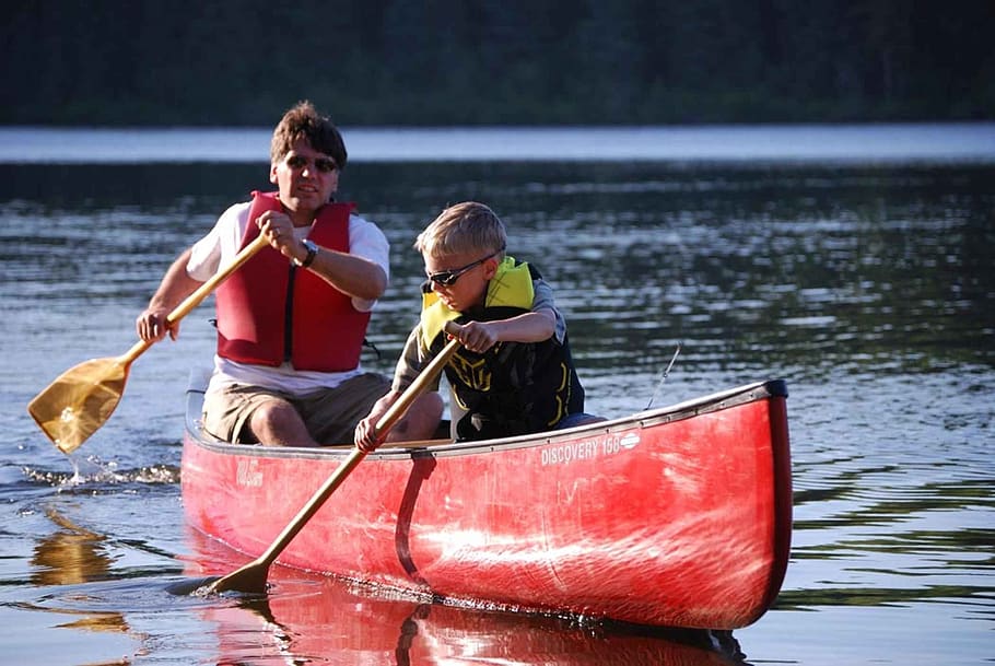 río, canoa, remo, hijo, padre, kayak, canotaje, deporte, agua, embarcación náutica