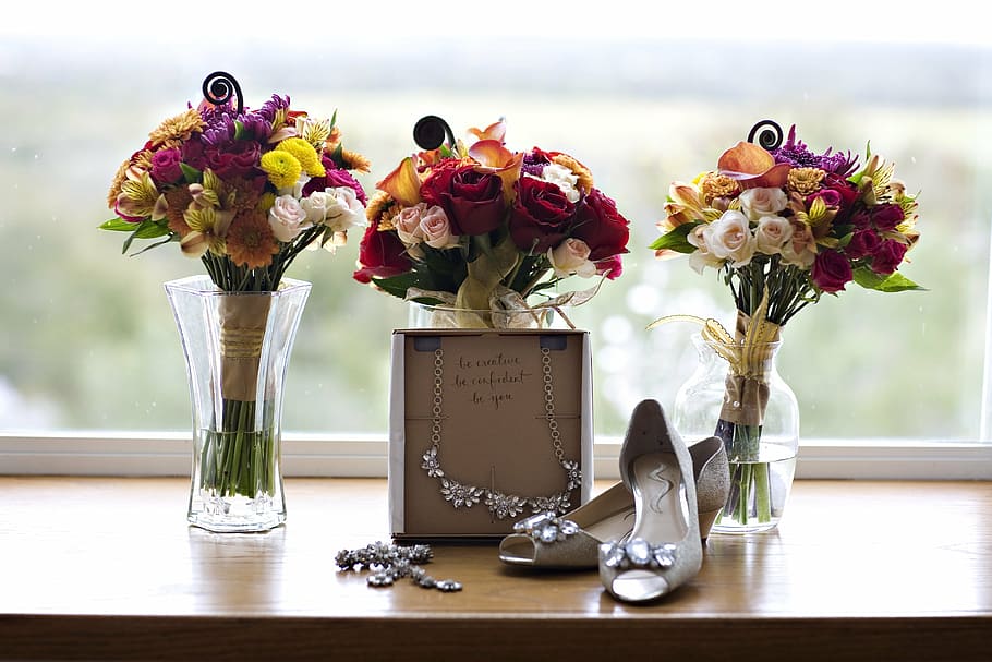 pair, beige, heels, three, assorted, vases, wedding, special day, marriage, celebration