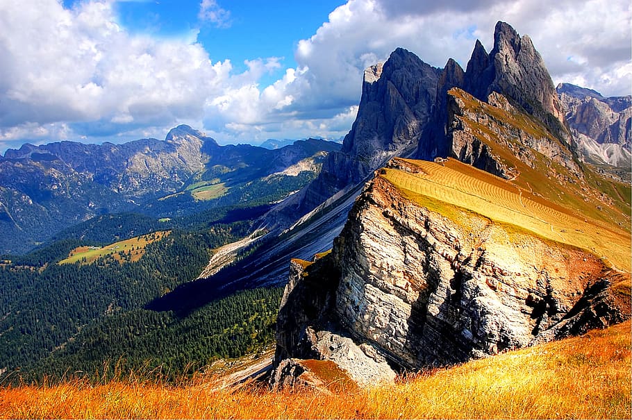 fotografi pemandangan, dolomit, seceda, gunung, val gardena, tyrol selatan, alam, lanskap, alpine, italia