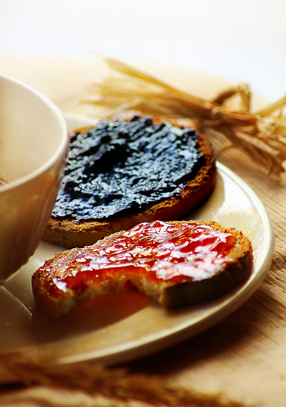 bread and jam, Bread, jam, breakfast, cup, plate, food, gourmet, wood - Material, slice