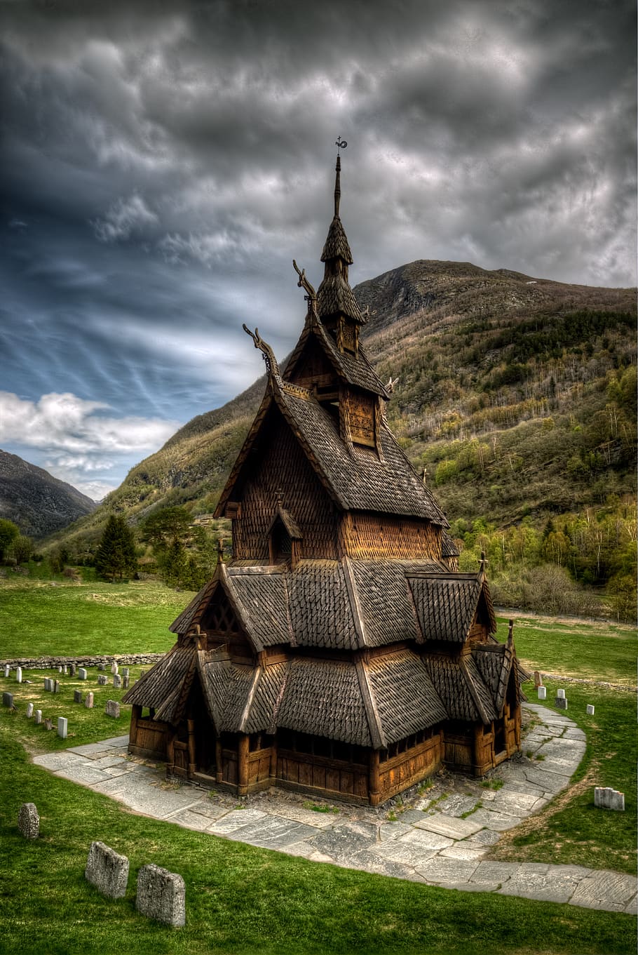 old church, stave church, religion, building, borgund, norway, cloud - sky, sky, architecture, built structure